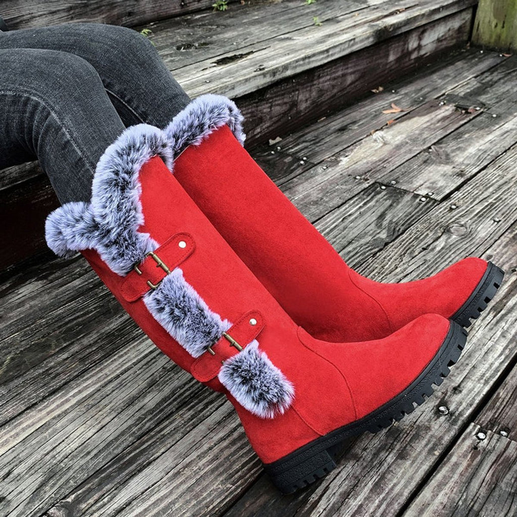 Women's Faux Suede Fur-Trimmed Buckle Knee High Boots