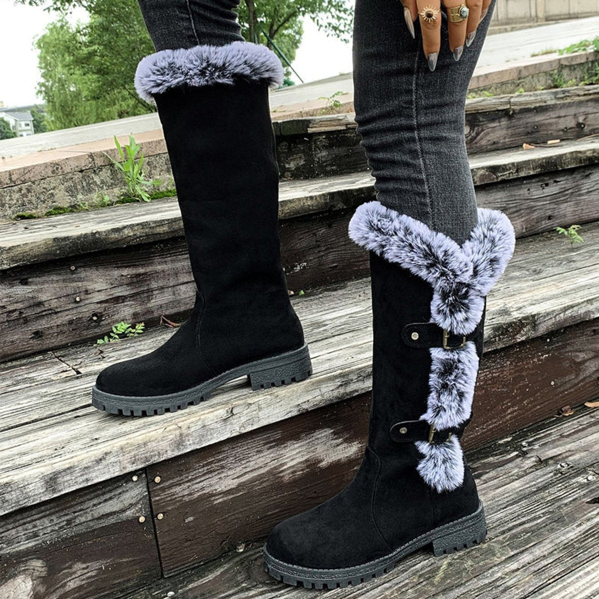 Women's Faux Suede Fur-Trimmed Buckle Knee High Boots