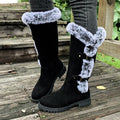 Women's Faux Suede Fur-Trimmed Buckle Knee High Boots - Black