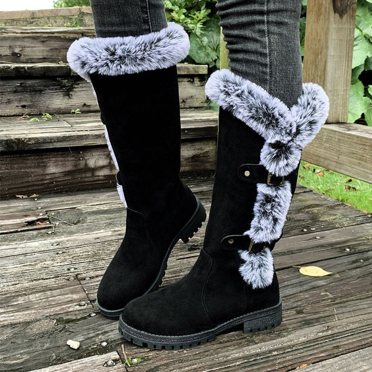 Women's Faux Suede Fur-Trimmed Buckle Knee High Boots - Black