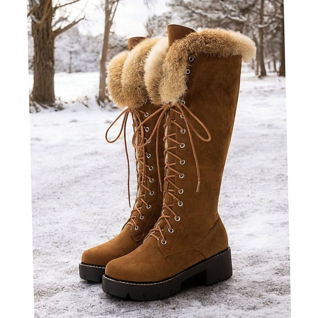 Women's Faux-Suede Lace-Up Fur-Cuff Knee-High Snow Boots - Camel