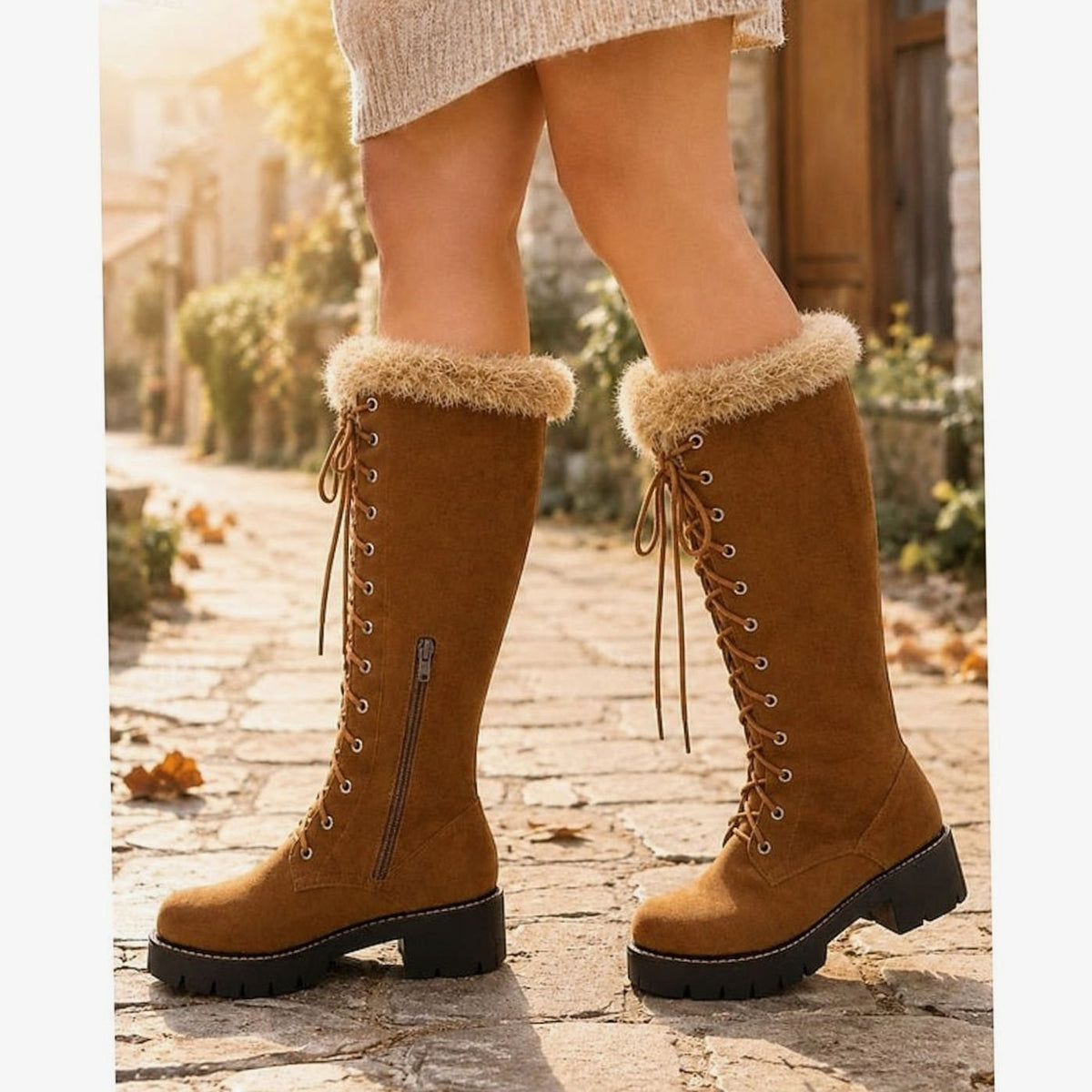 Women's Faux-Suede Lace-Up Fur-Cuff Knee-High Snow Boots