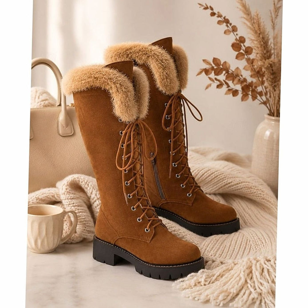 Women's Faux-Suede Lace-Up Fur-Cuff Knee-High Snow Boots