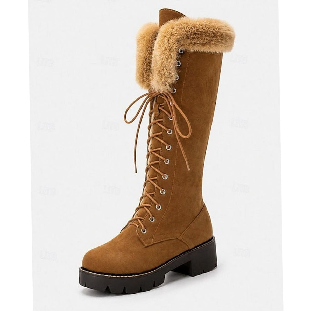 Women's Faux-Suede Lace-Up Fur-Cuff Knee-High Snow Boots
