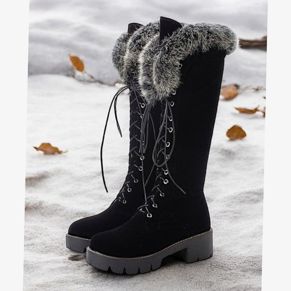 Women's Faux-Suede Lace-Up Fur-Cuff Knee-High Snow Boots - Black