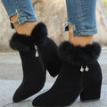 Women's Faux-Suede Plush-Trim Block-Heel Pointed-Toe Ankle Booties - Black