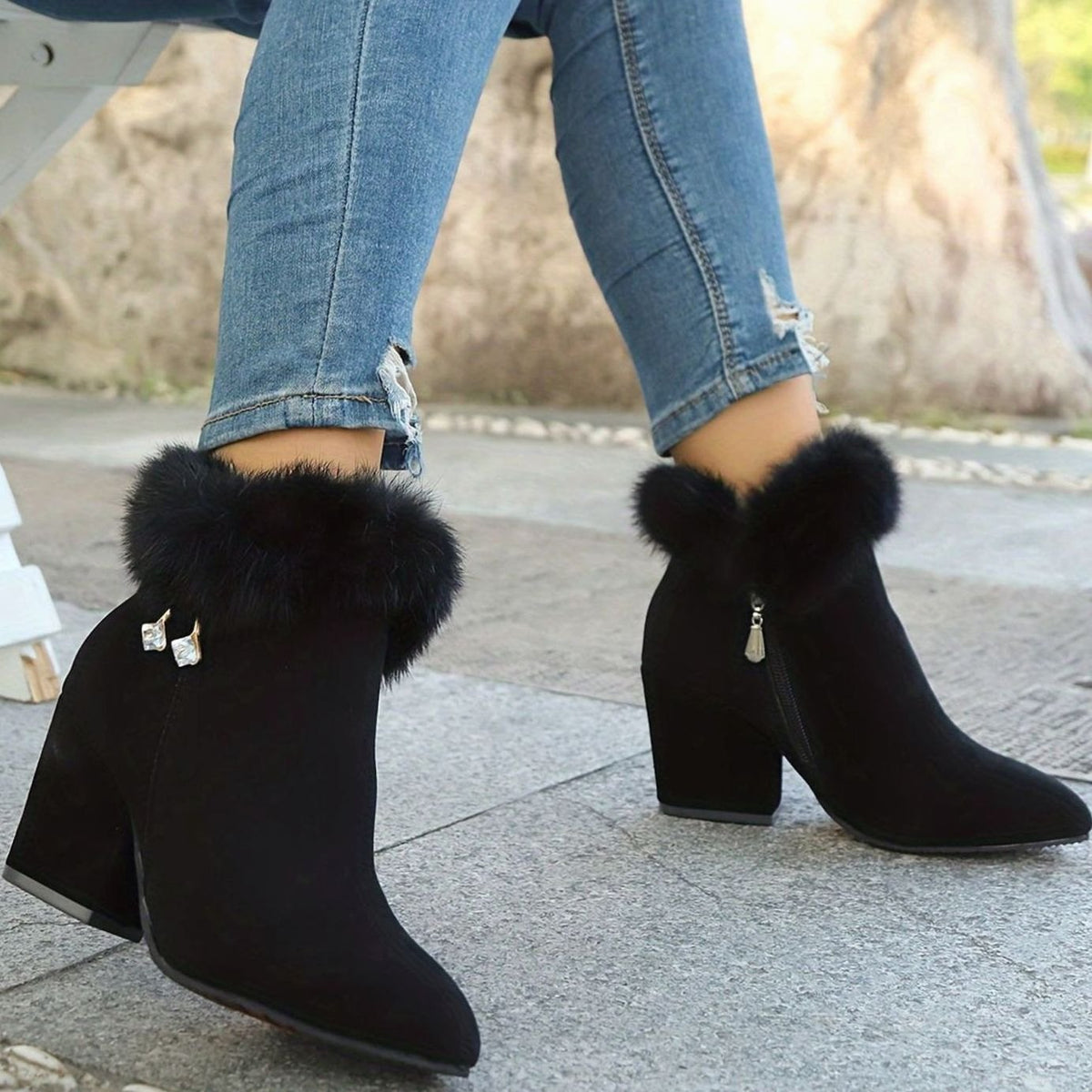 Women's Faux-Suede Plush-Trim Block-Heel Pointed-Toe Ankle Booties