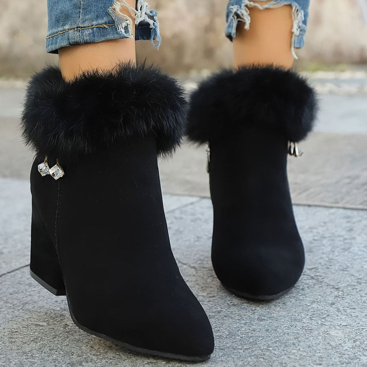 Women's Faux-Suede Plush-Trim Block-Heel Pointed-Toe Ankle Booties