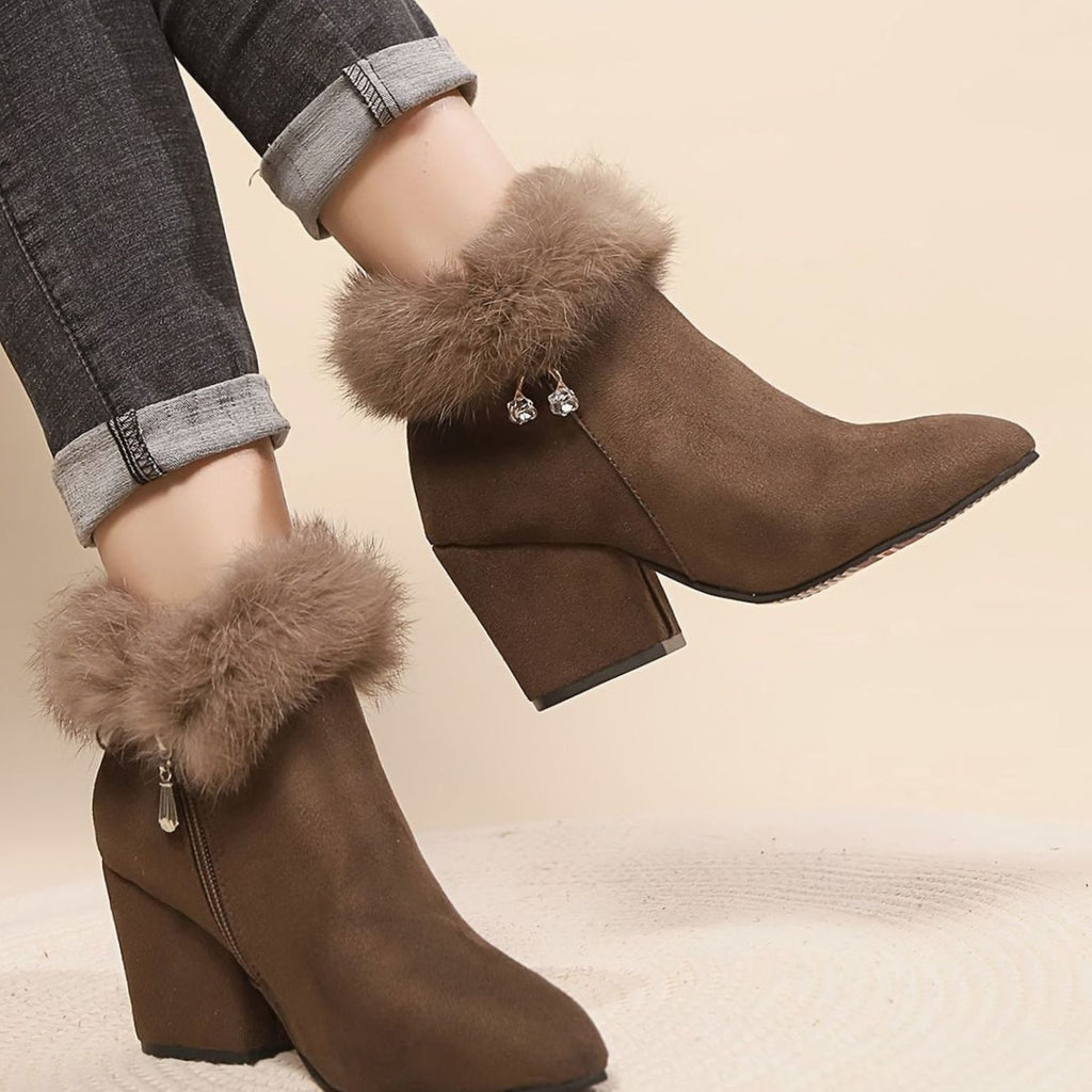 Women's Faux-Suede Plush-Trim Block-Heel Pointed-Toe Ankle Booties