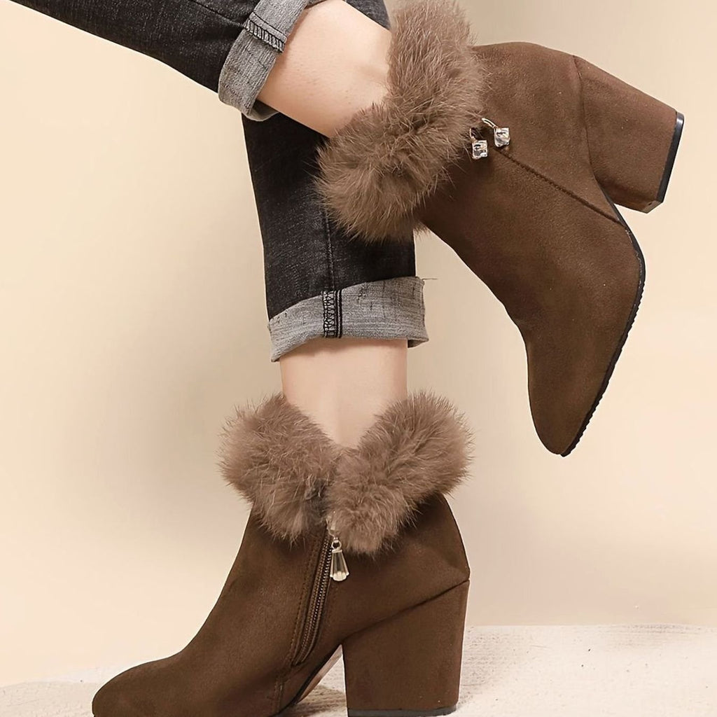 Women's Faux-Suede Plush-Trim Block-Heel Pointed-Toe Ankle Booties
