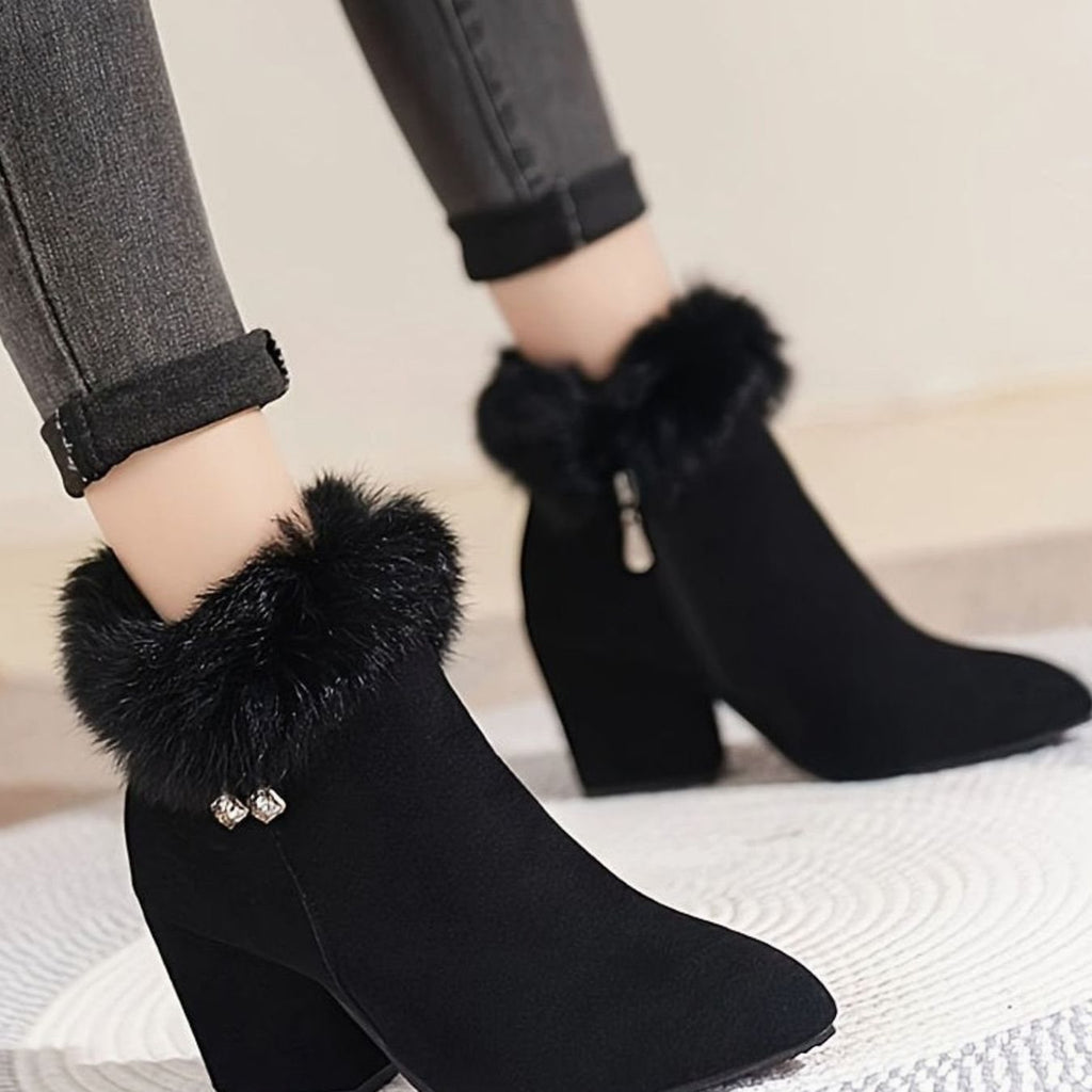 Women's Faux-Suede Plush-Trim Block-Heel Pointed-Toe Ankle Booties