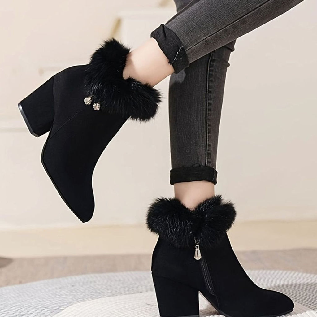 Women's Faux-Suede Plush-Trim Block-Heel Pointed-Toe Ankle Booties