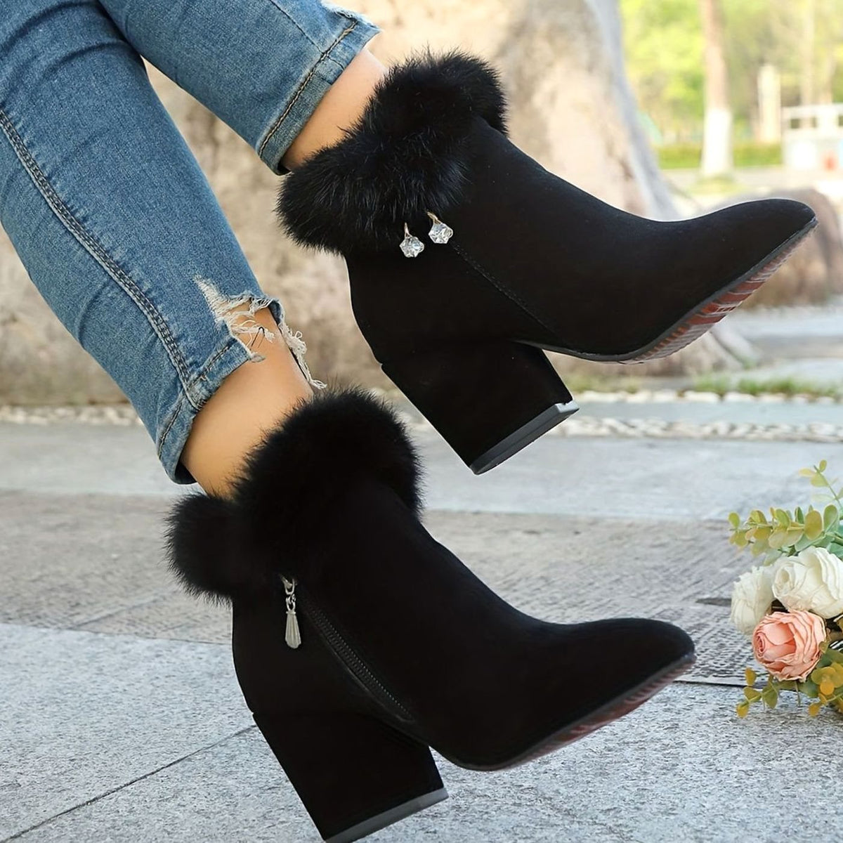 Women's Faux-Suede Plush-Trim Block-Heel Pointed-Toe Ankle Booties