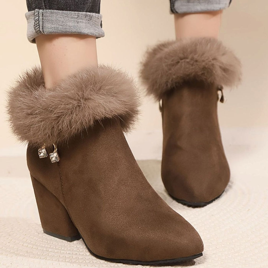 Women's Faux-Suede Plush-Trim Block-Heel Pointed-Toe Ankle Booties - Dark Brown
