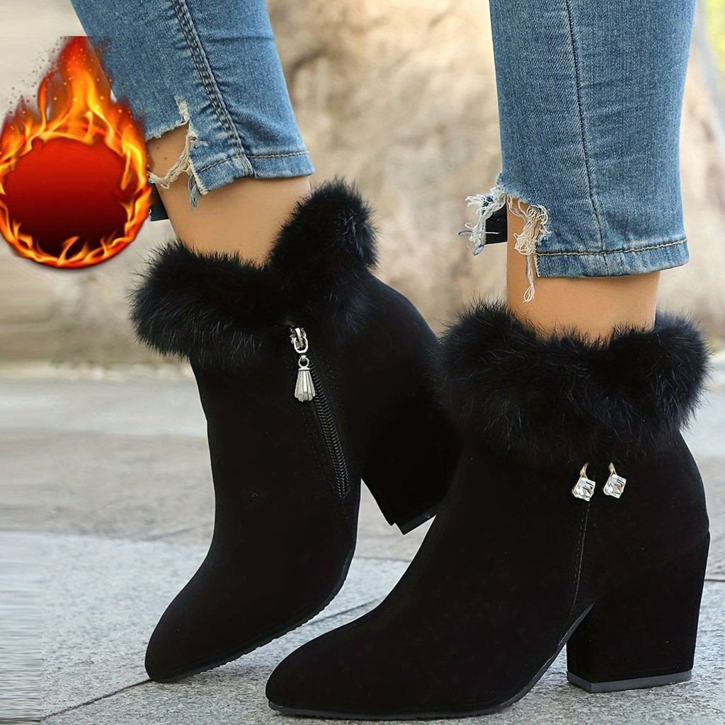 Women's Faux-Suede Plush-Trim Block-Heel Pointed-Toe Ankle Booties