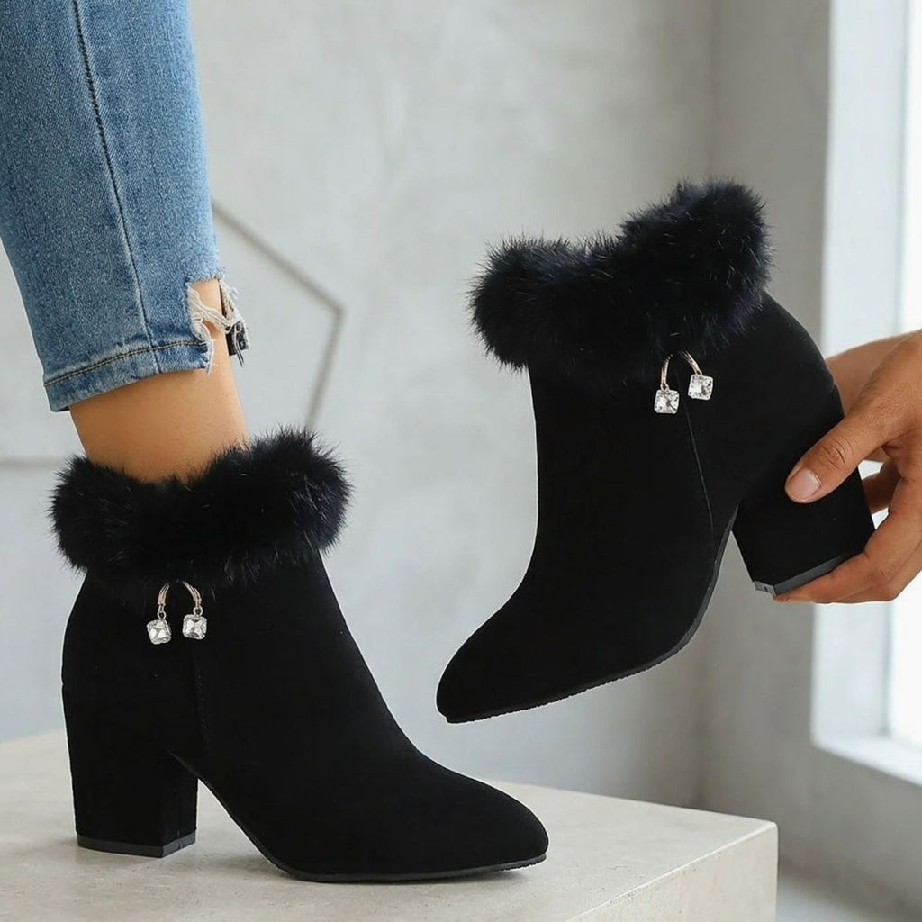 Women's Faux-Suede Plush-Trim Block-Heel Pointed-Toe Ankle Booties