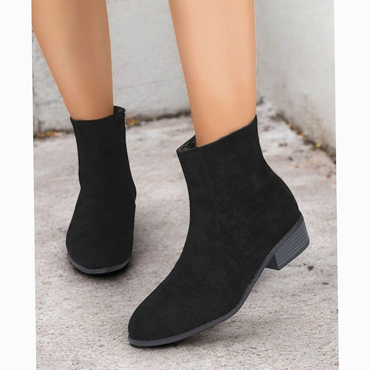 Women's Faux Suede Side-Zip Block Heel Ankle Boots - Black