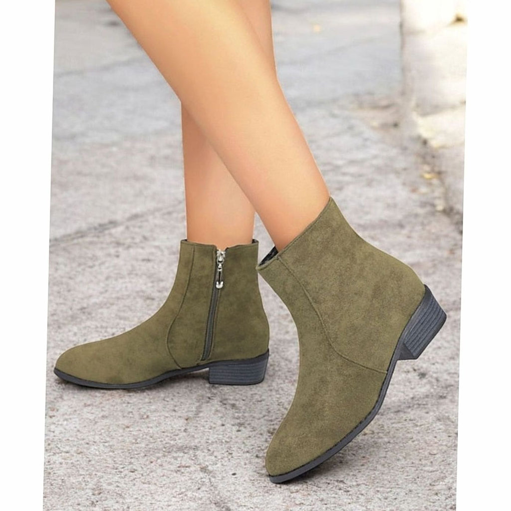 Women's Faux Suede Side-Zip Block Heel Ankle Boots - Green