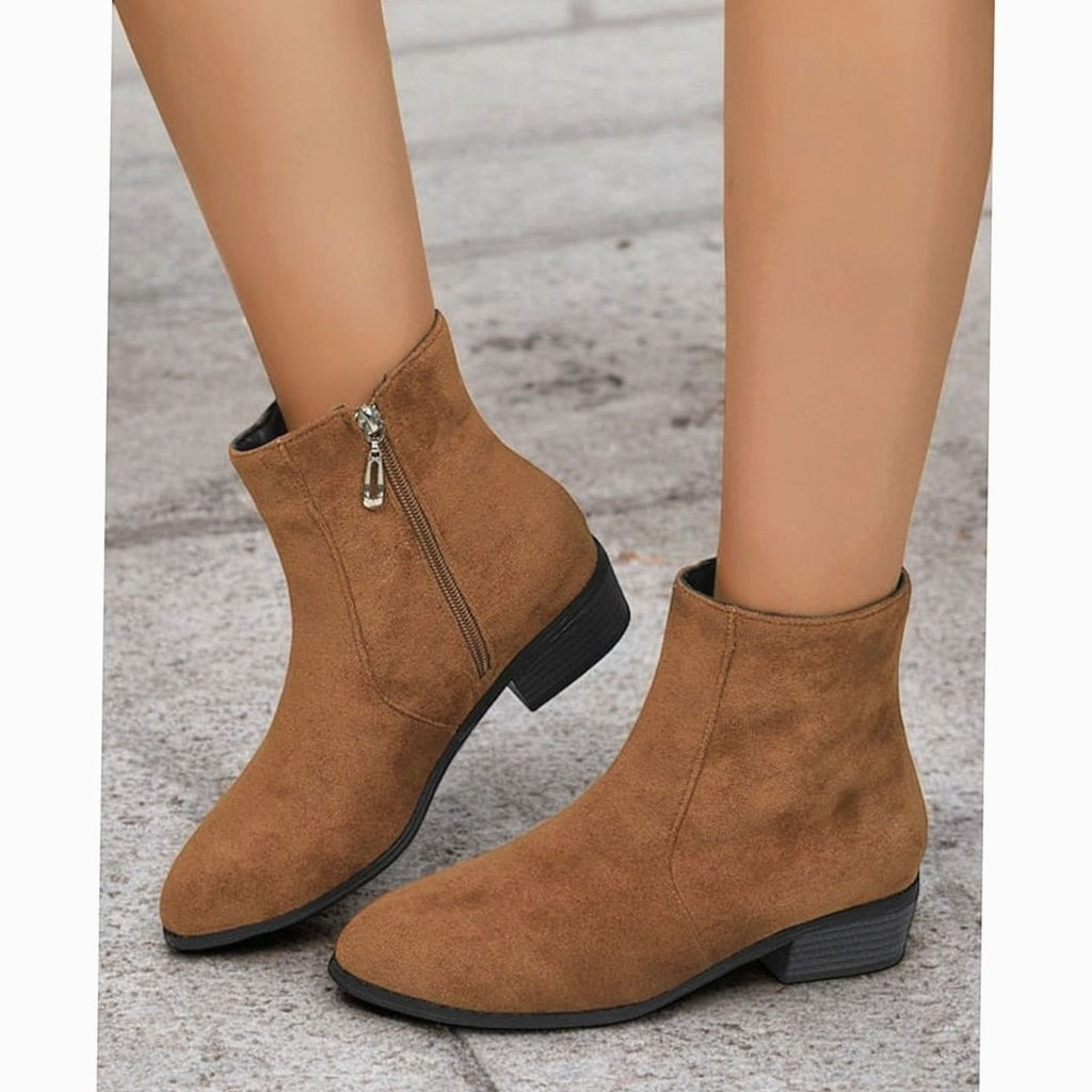 Women's Faux Suede Side-Zip Block Heel Ankle Boots - Brown