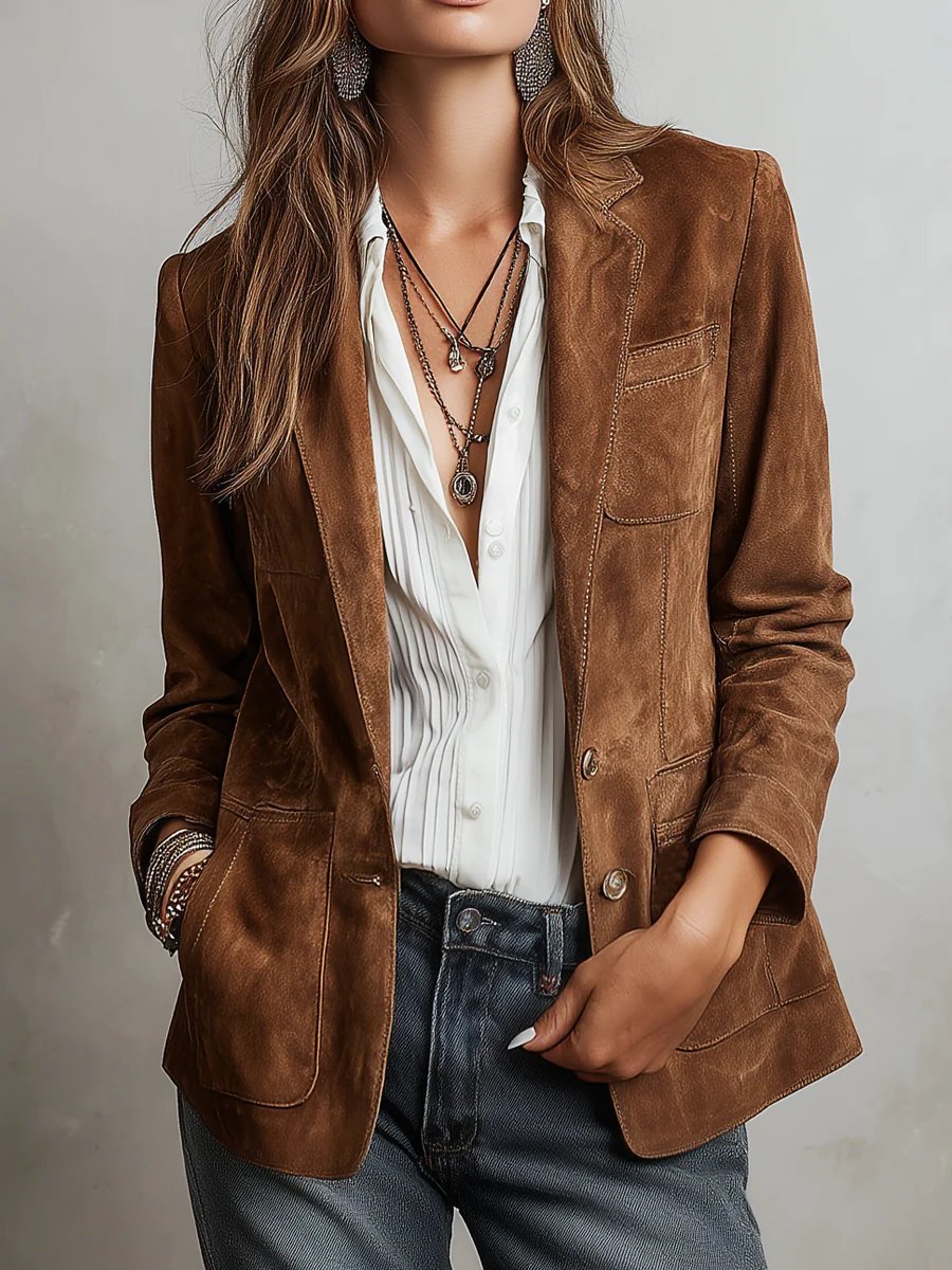 Women's Faux Suede Tailored Button-Front Cardigan Blazer Jacket