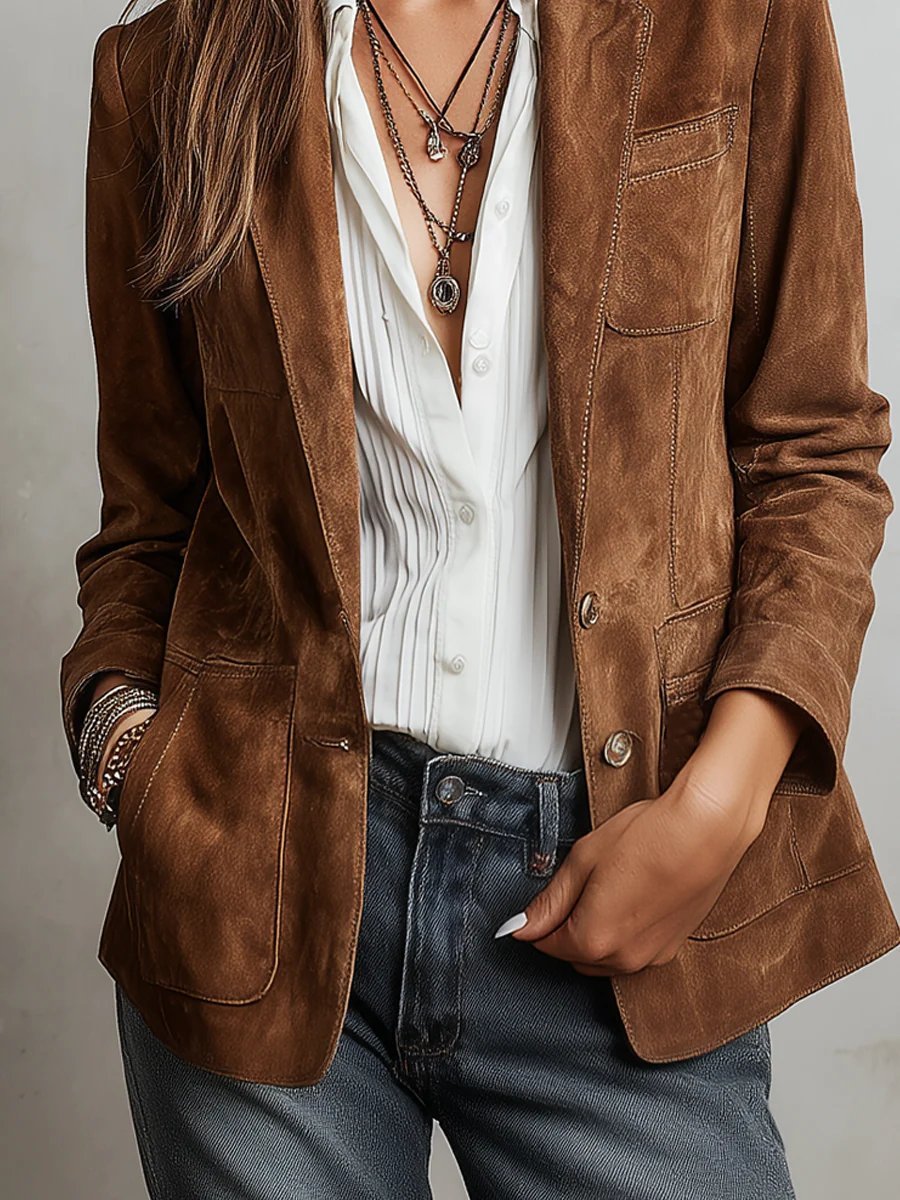 Women's Faux Suede Tailored Button-Front Cardigan Blazer Jacket