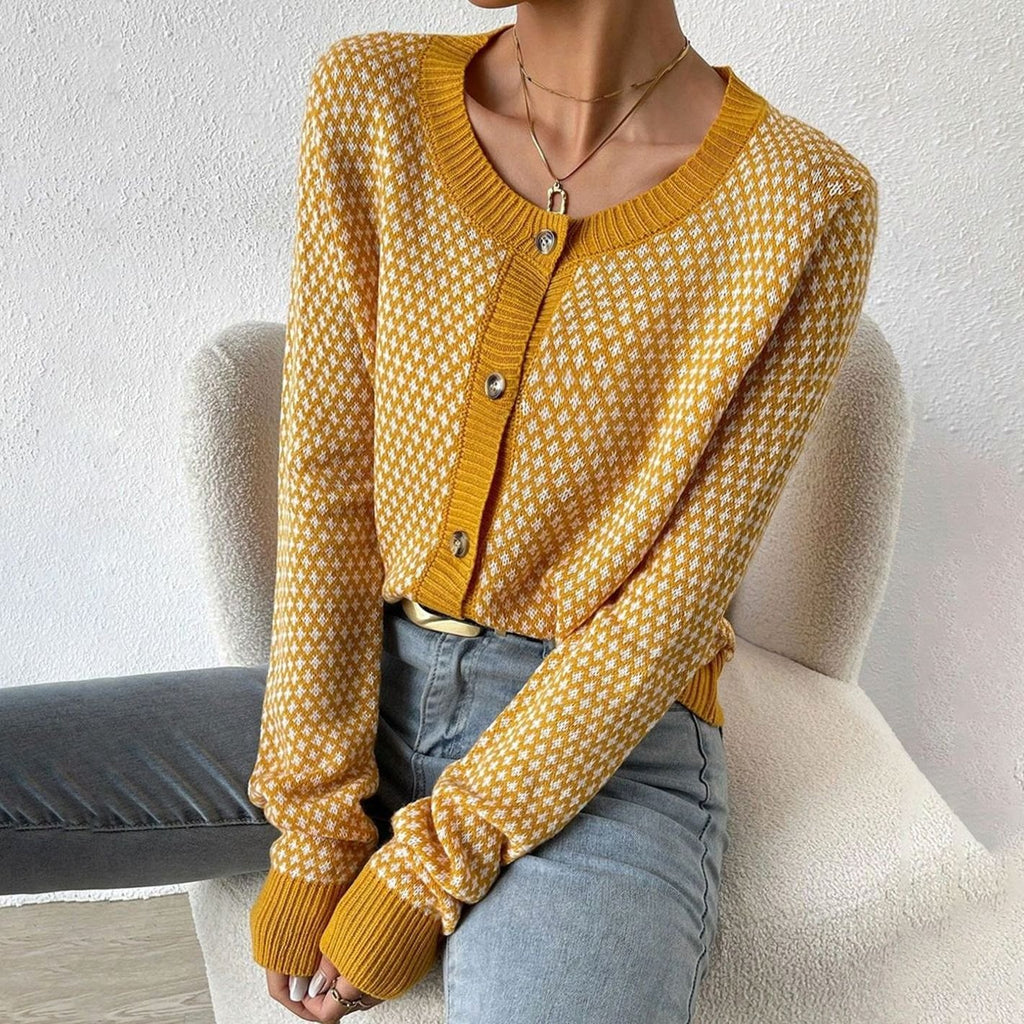 Women's Fitted Button-Front Geometric Knit Cardigan - Yellow