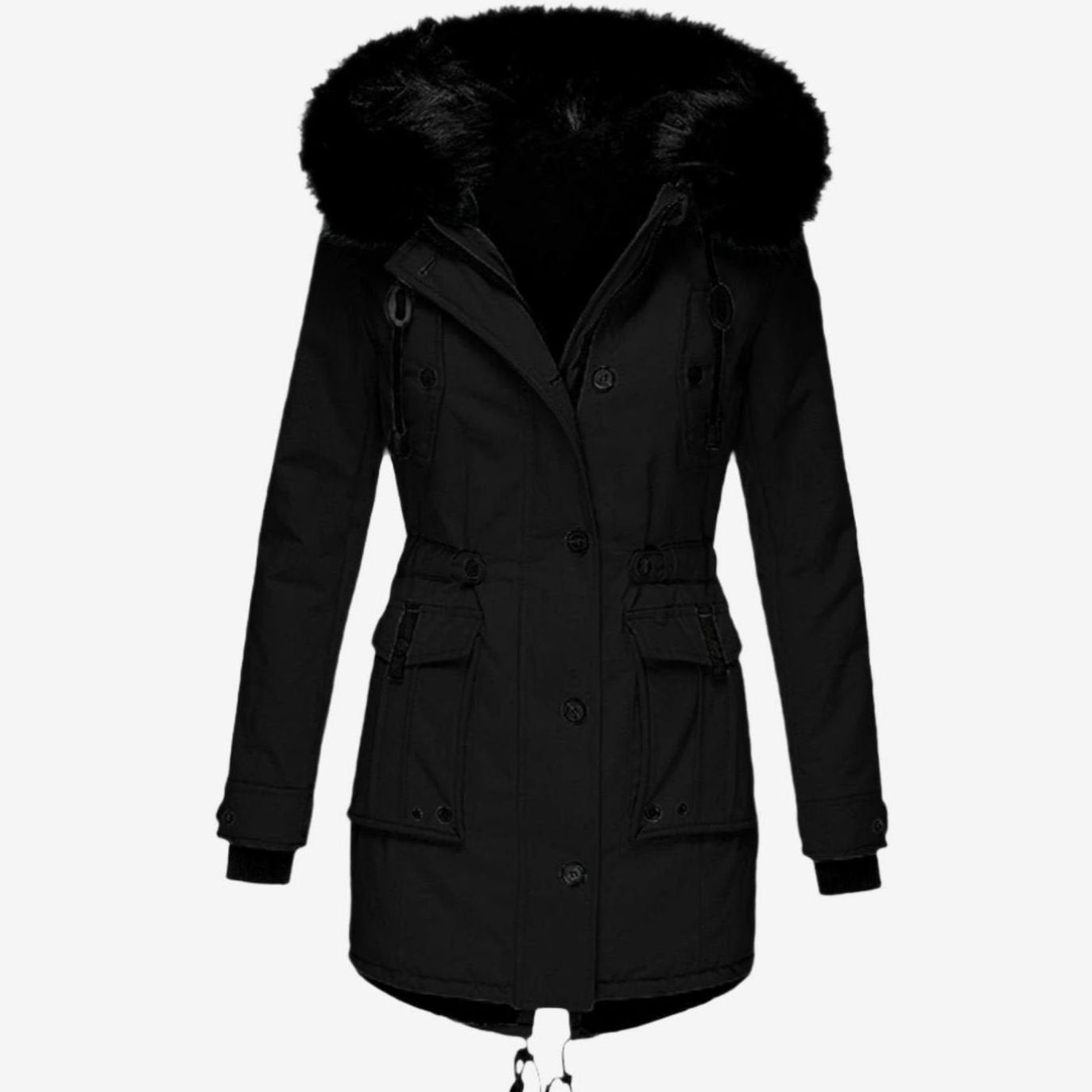 Women's Fitted Faux Fur Hooded Parka Winter Coat - Black