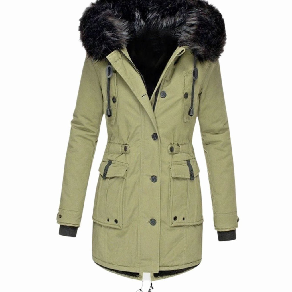 Women's Fitted Faux Fur Hooded Parka Winter Coat - Green
