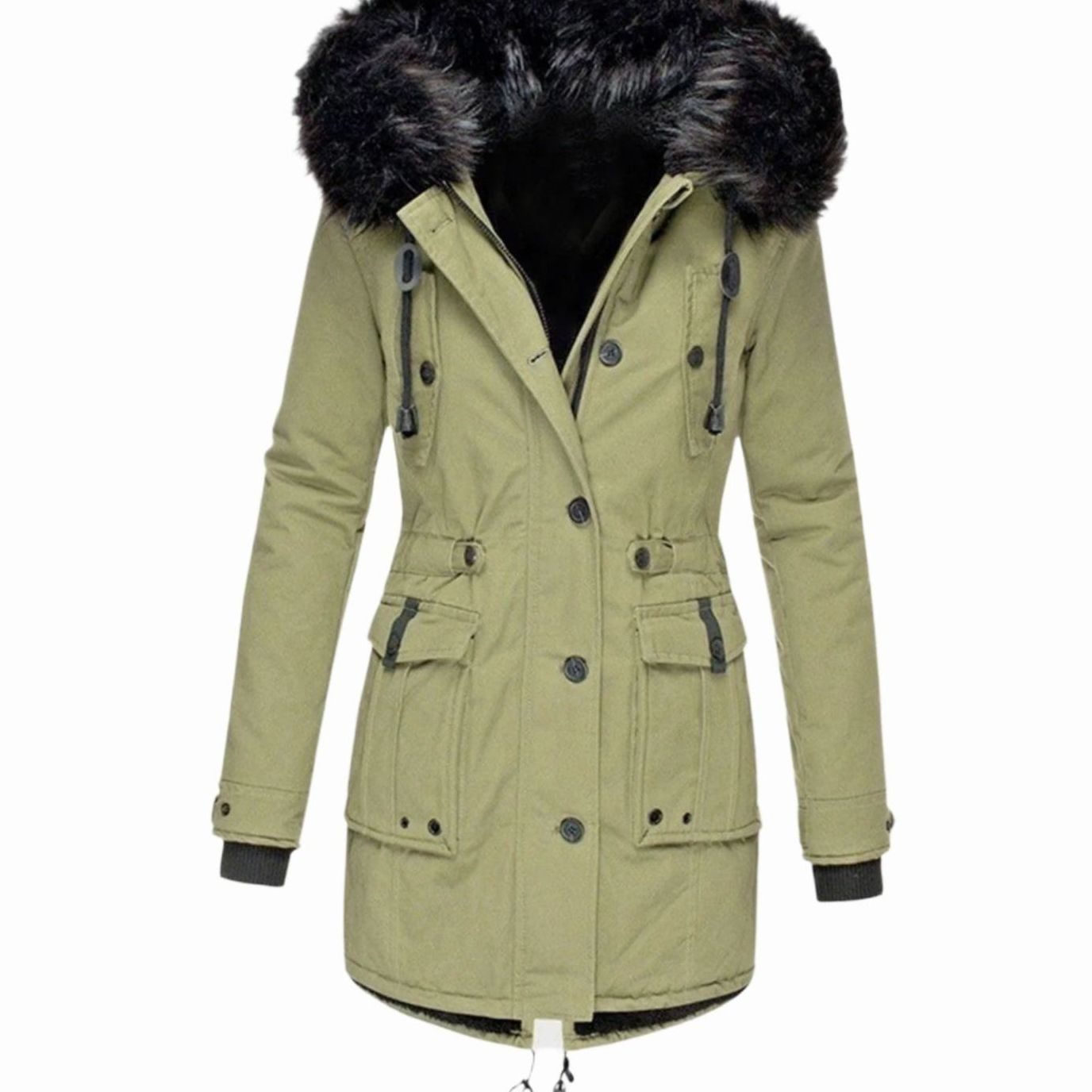 Women's Fitted Faux Fur Hooded Parka Winter Coat - Green