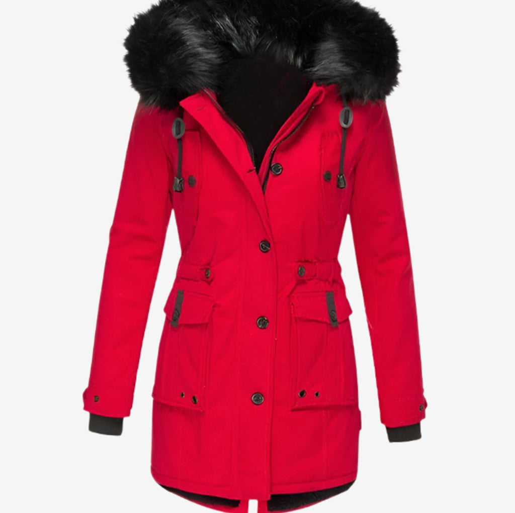 Women's Fitted Faux Fur Hooded Parka Winter Coat - Red