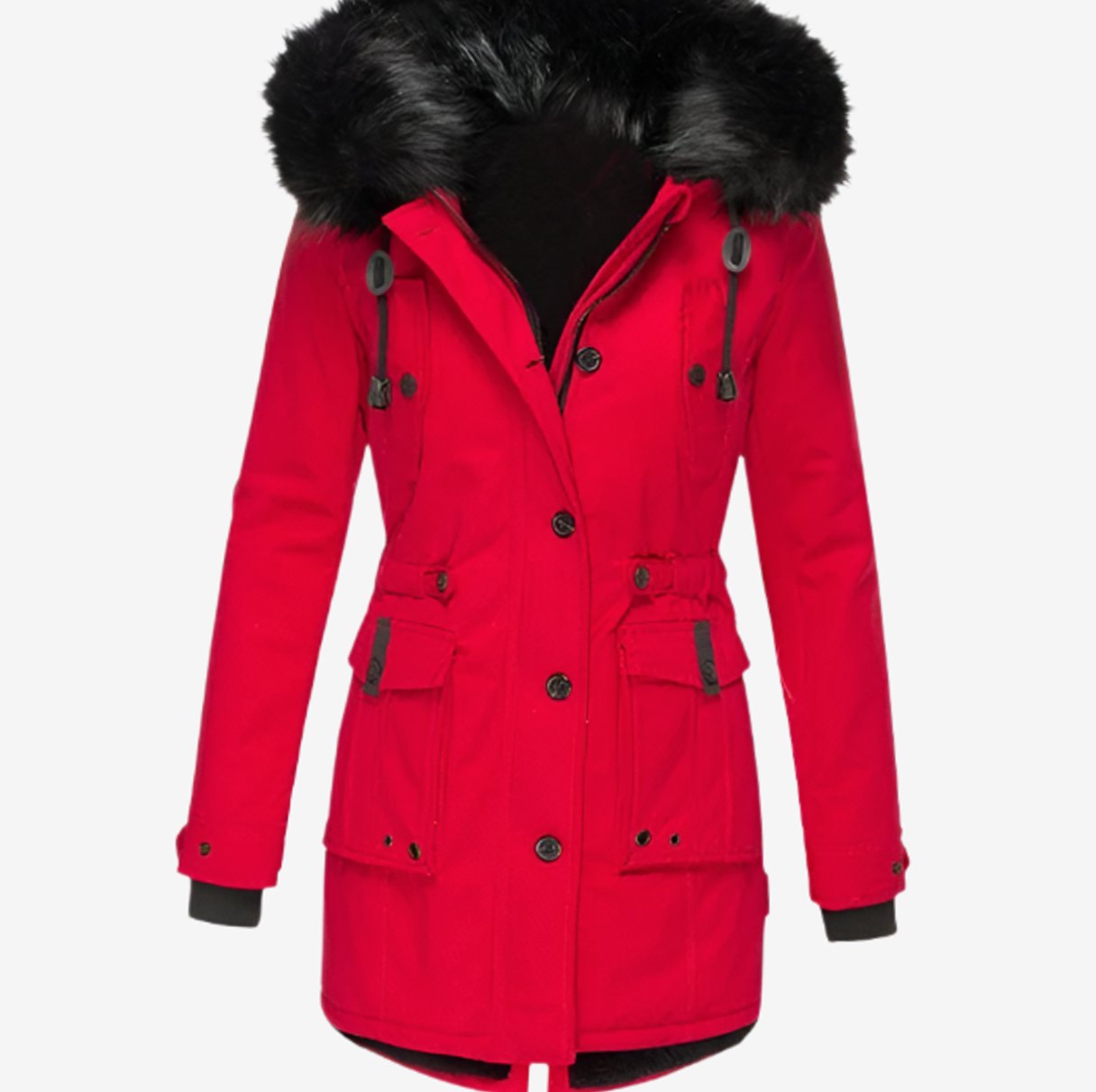 Women's Fitted Faux Fur Hooded Parka Winter Coat - Red