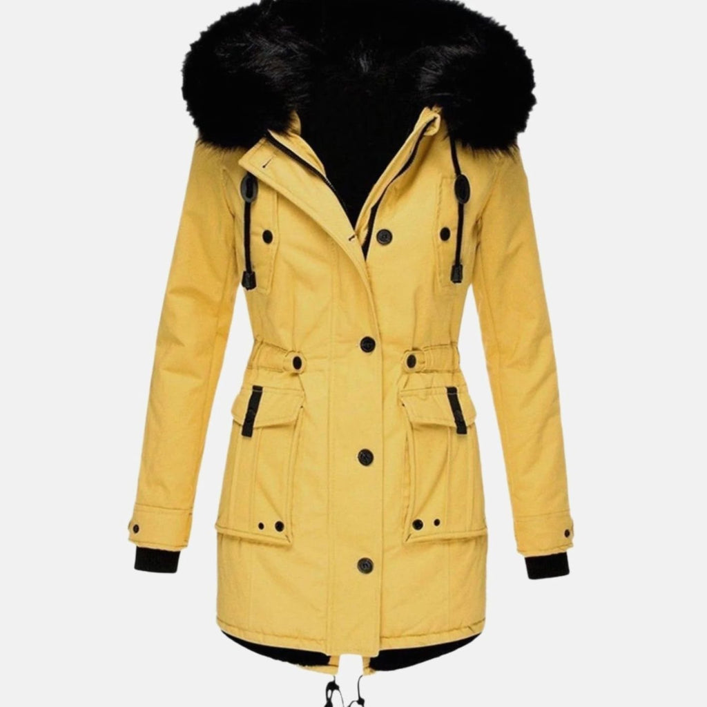 Women's Fitted Faux Fur Hooded Parka Winter Coat - Yellow