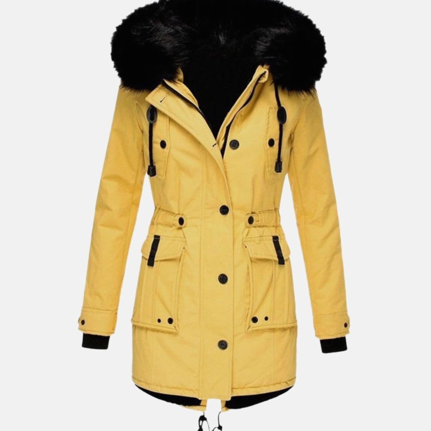 Women's Fitted Faux Fur Hooded Parka Winter Coat - Yellow