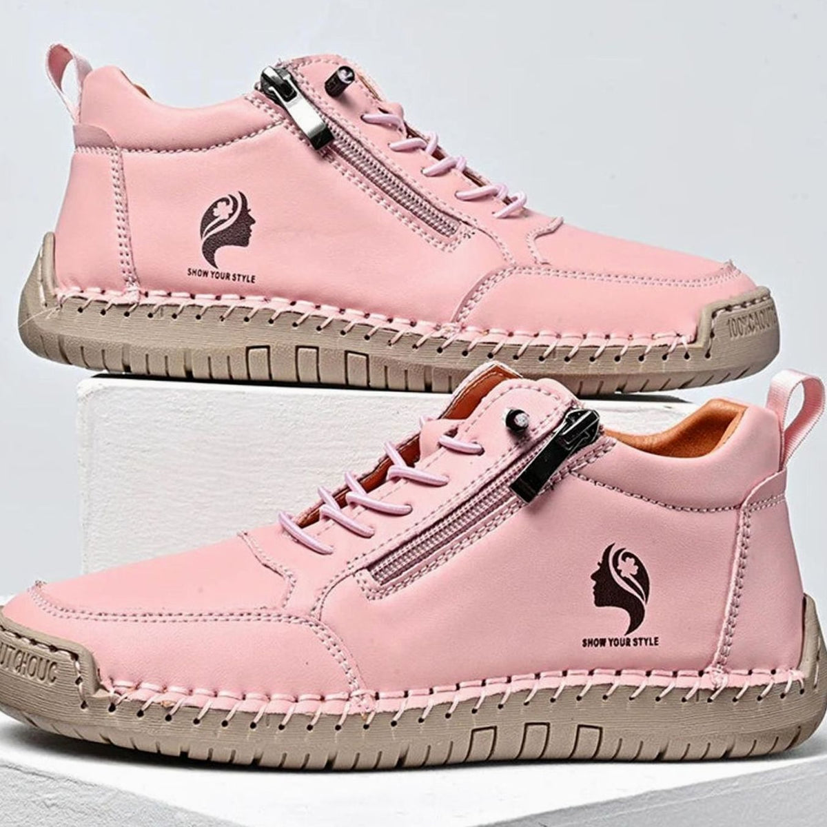 Women's Flat Ankle Boots Retro Round-Toe Side-Zip Booties - Pink