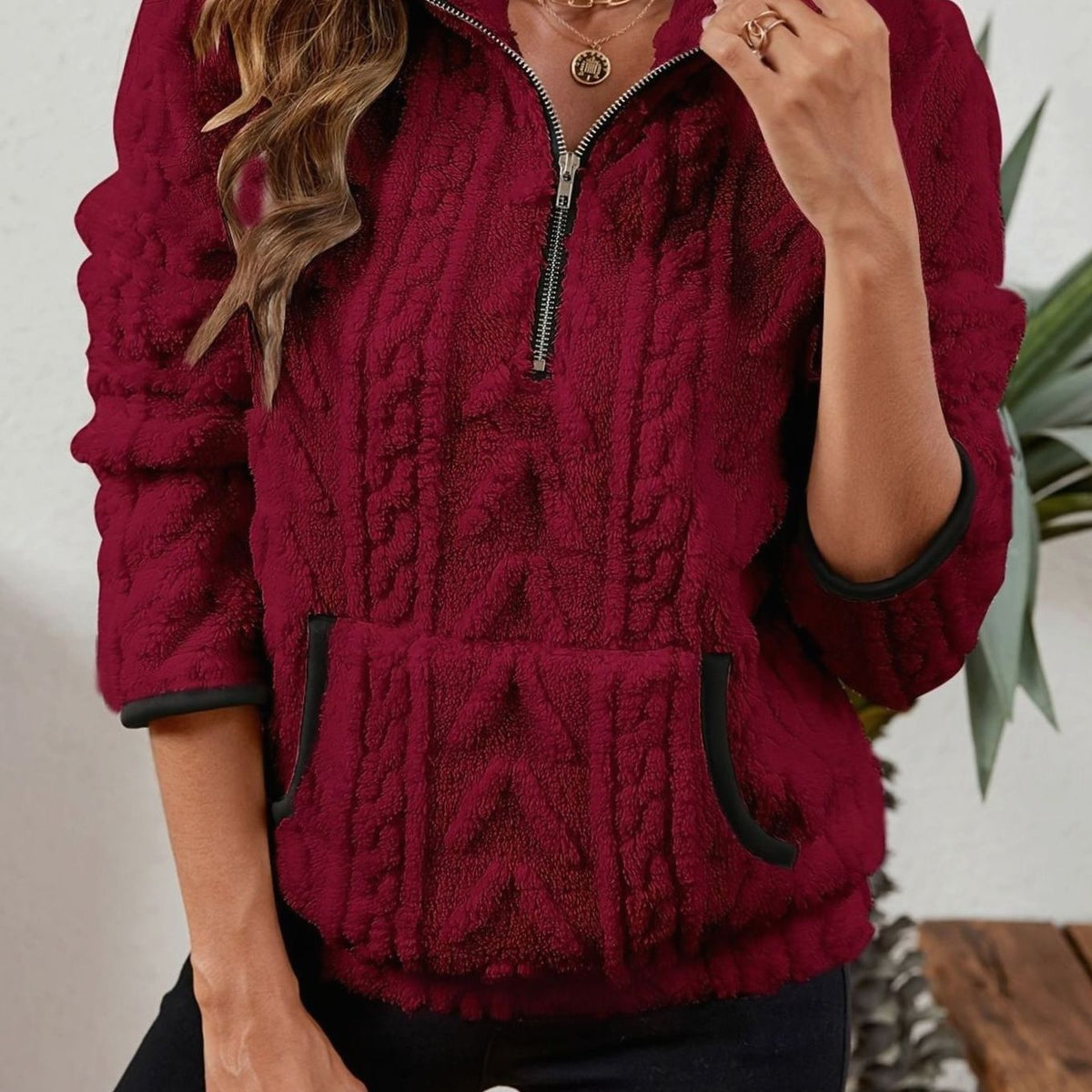 Women's Fleece Half-Zip Pullover Sweater Kangaroo Pocket - Burgundy
