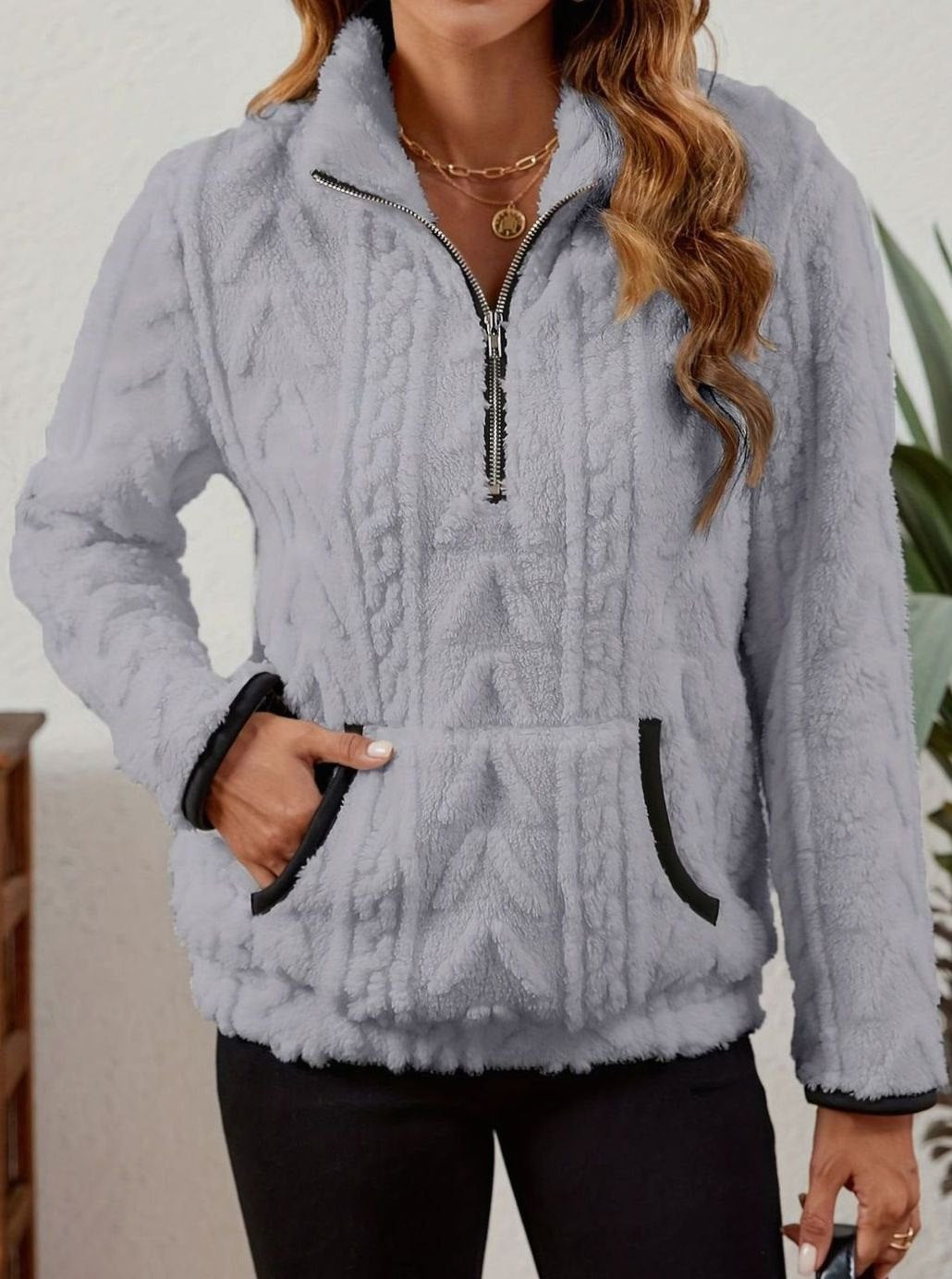 Women's Fleece Half-Zip Pullover Sweater Kangaroo Pocket