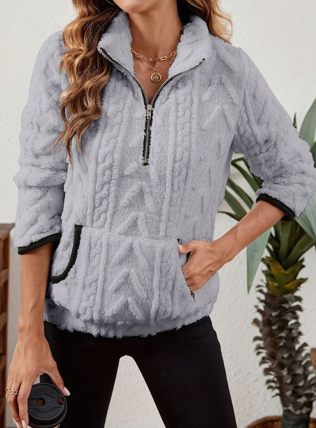 Women's Fleece Half-Zip Pullover Sweater Kangaroo Pocket