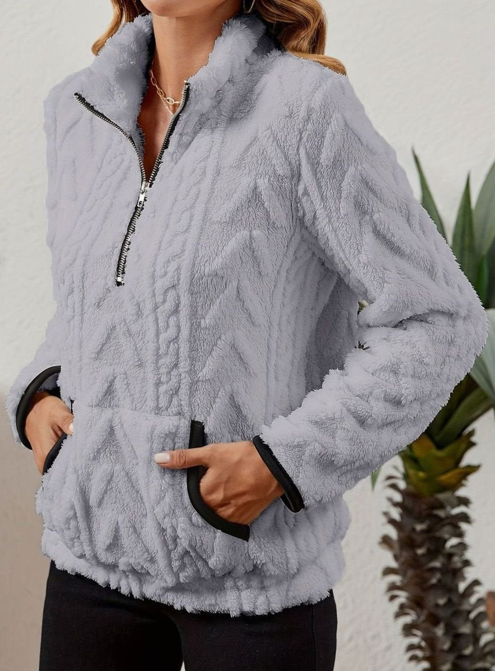 Women's Fleece Half-Zip Pullover Sweater Kangaroo Pocket