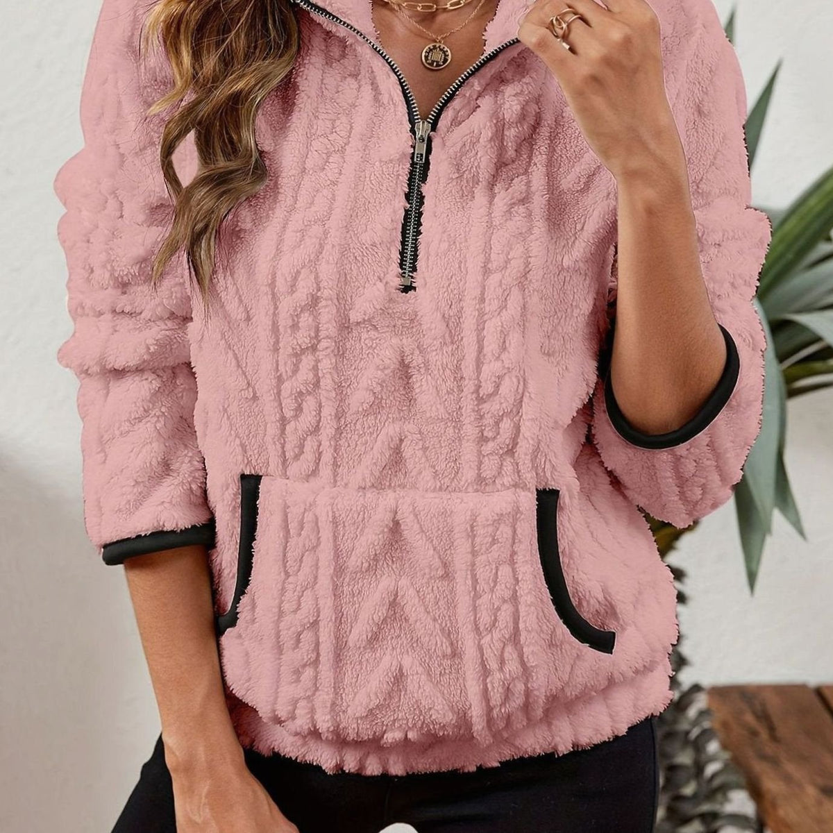 Women's Fleece Half-Zip Pullover Sweater Kangaroo Pocket - Pink
