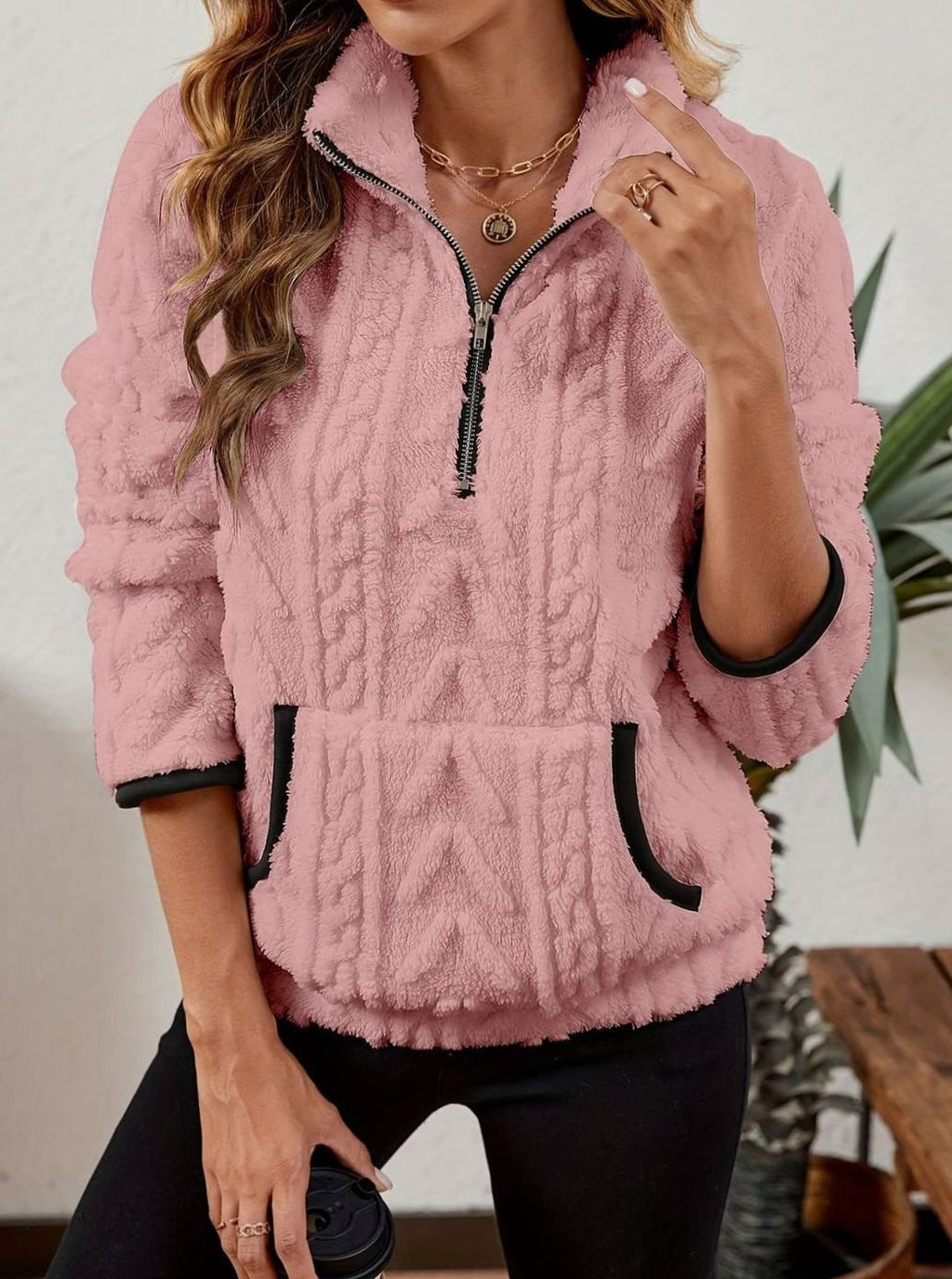 Women's Fleece Half-Zip Pullover Sweater Kangaroo Pocket