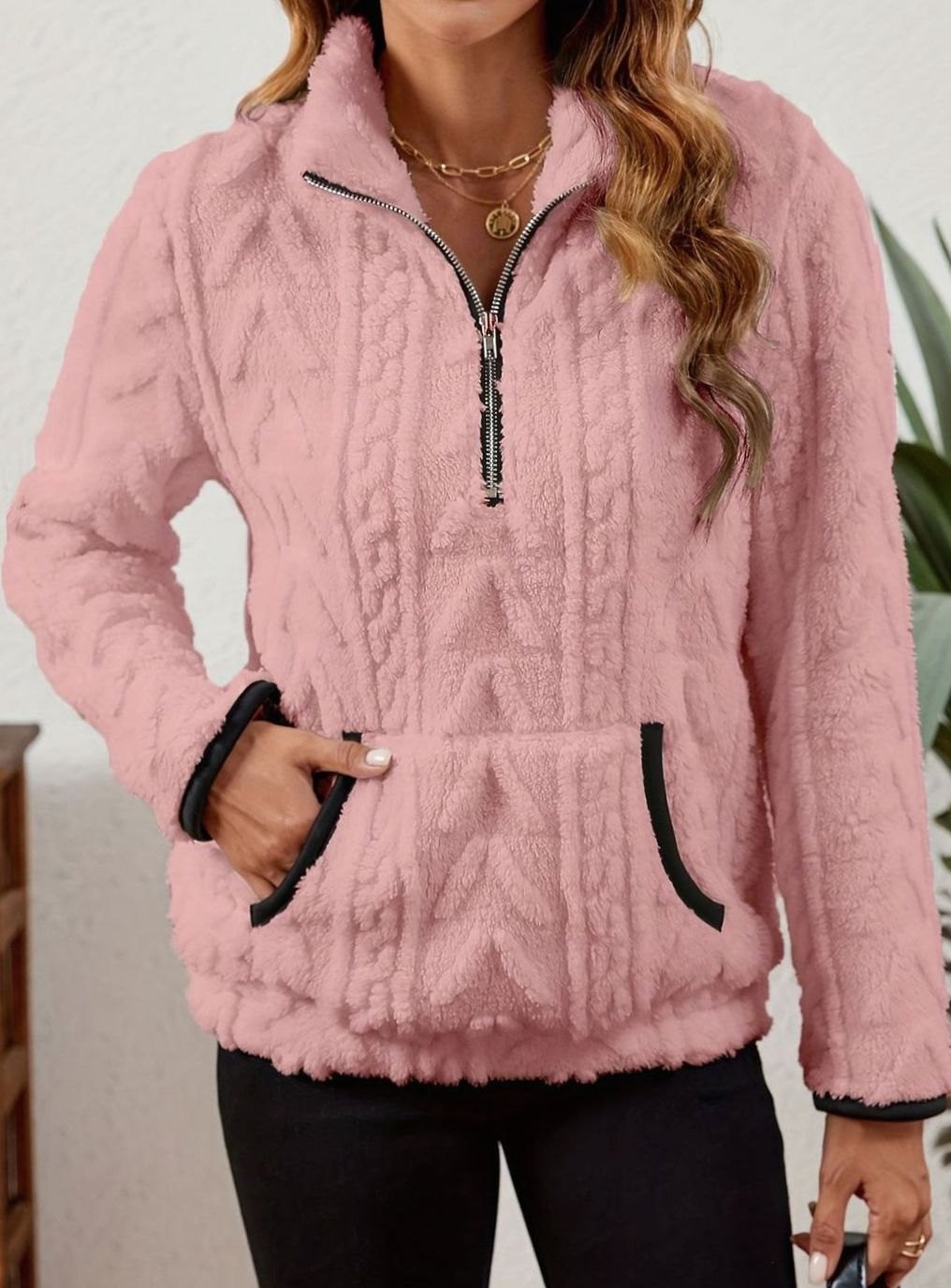 Women's Fleece Half-Zip Pullover Sweater Kangaroo Pocket