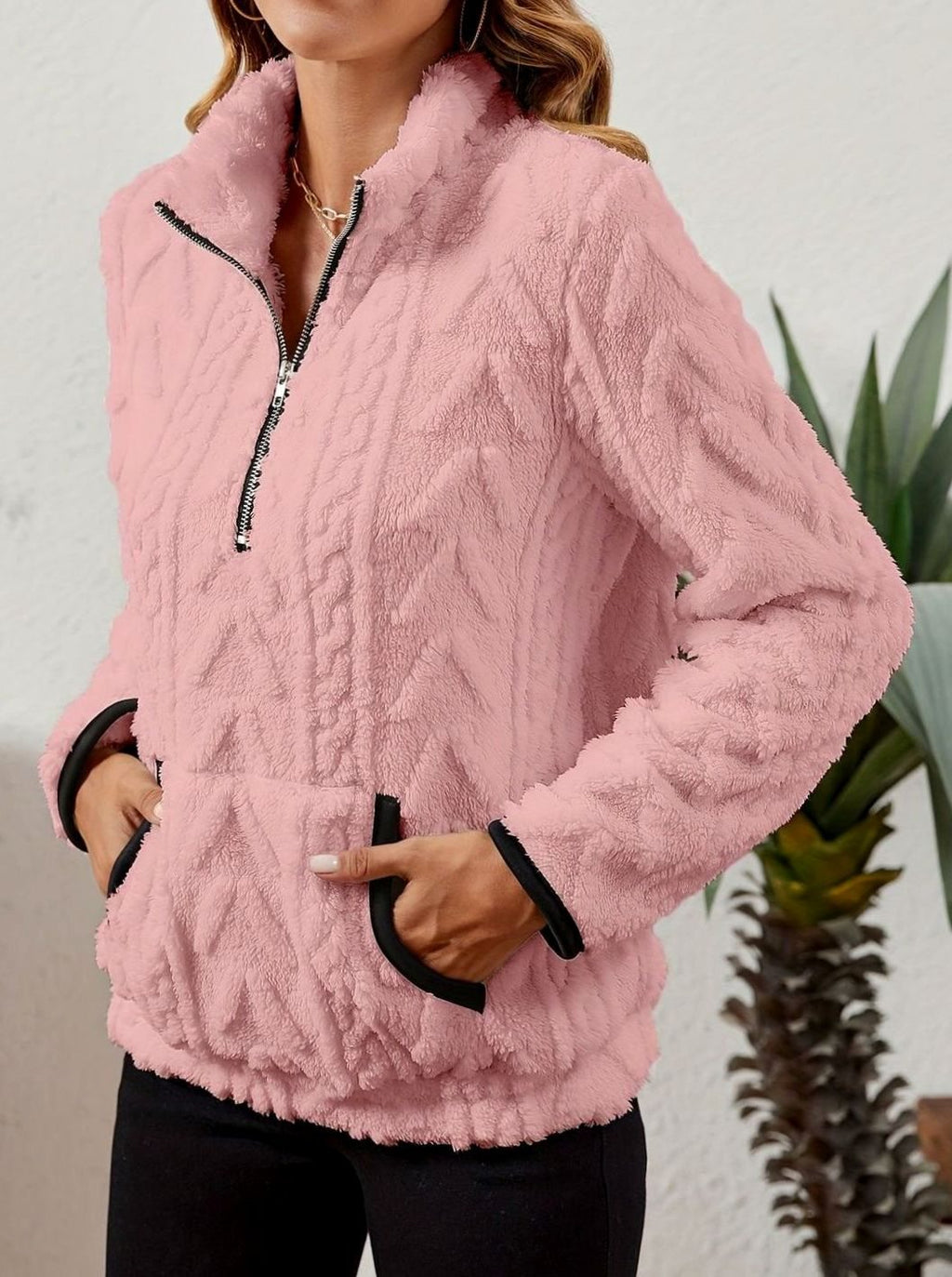 Women's Fleece Half-Zip Pullover Sweater Kangaroo Pocket