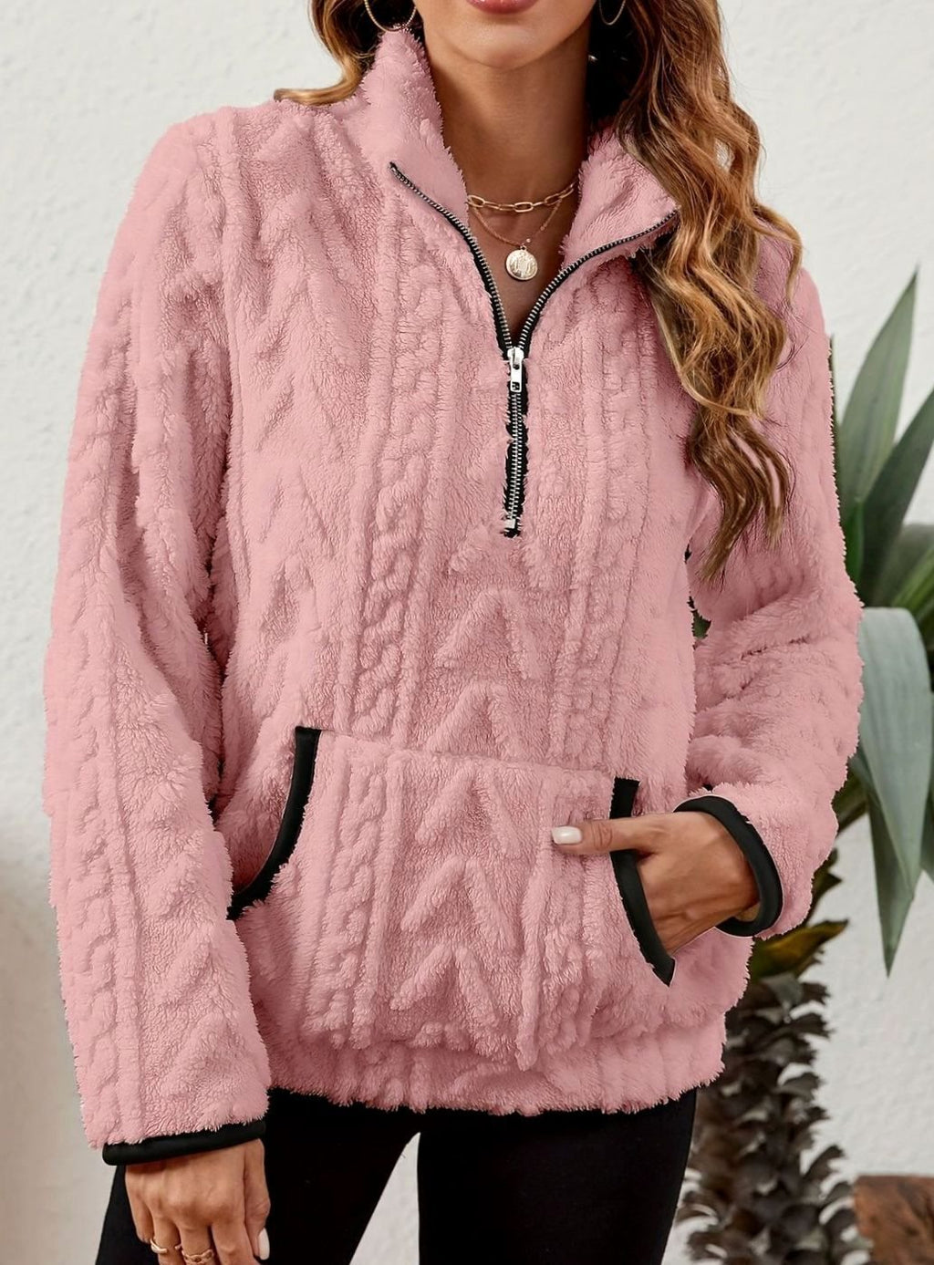 Women's Fleece Half-Zip Pullover Sweater Kangaroo Pocket