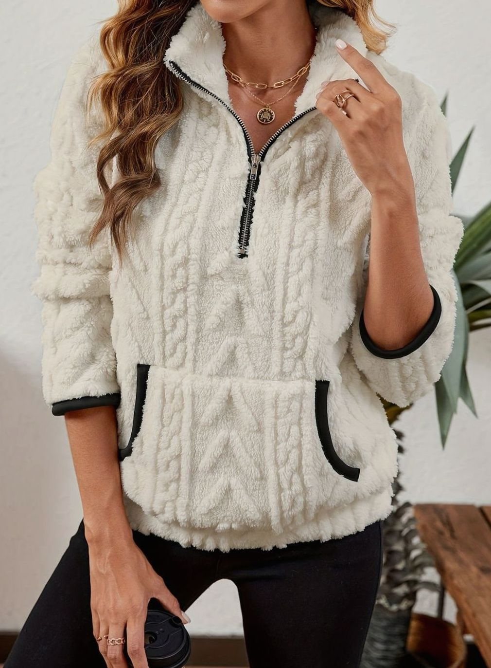 Women's Fleece Half-Zip Pullover Sweater Kangaroo Pocket