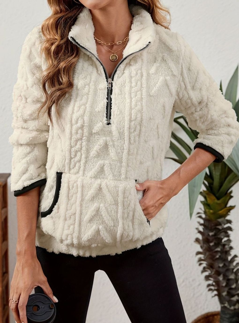 Women's Fleece Half-Zip Pullover Sweater Kangaroo Pocket