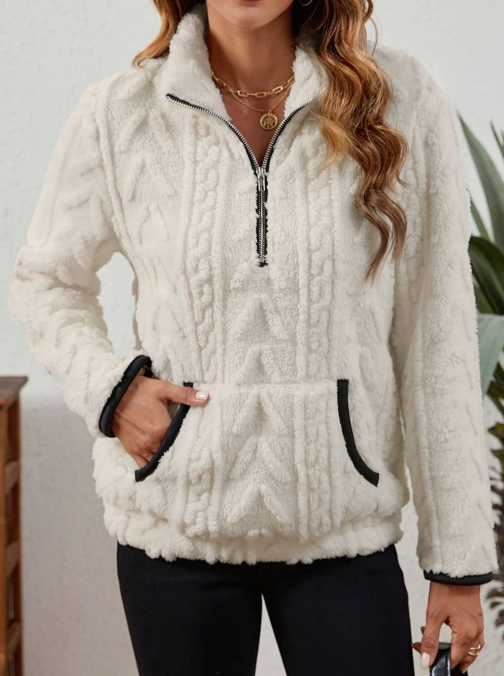 Women's Fleece Half-Zip Pullover Sweater Kangaroo Pocket