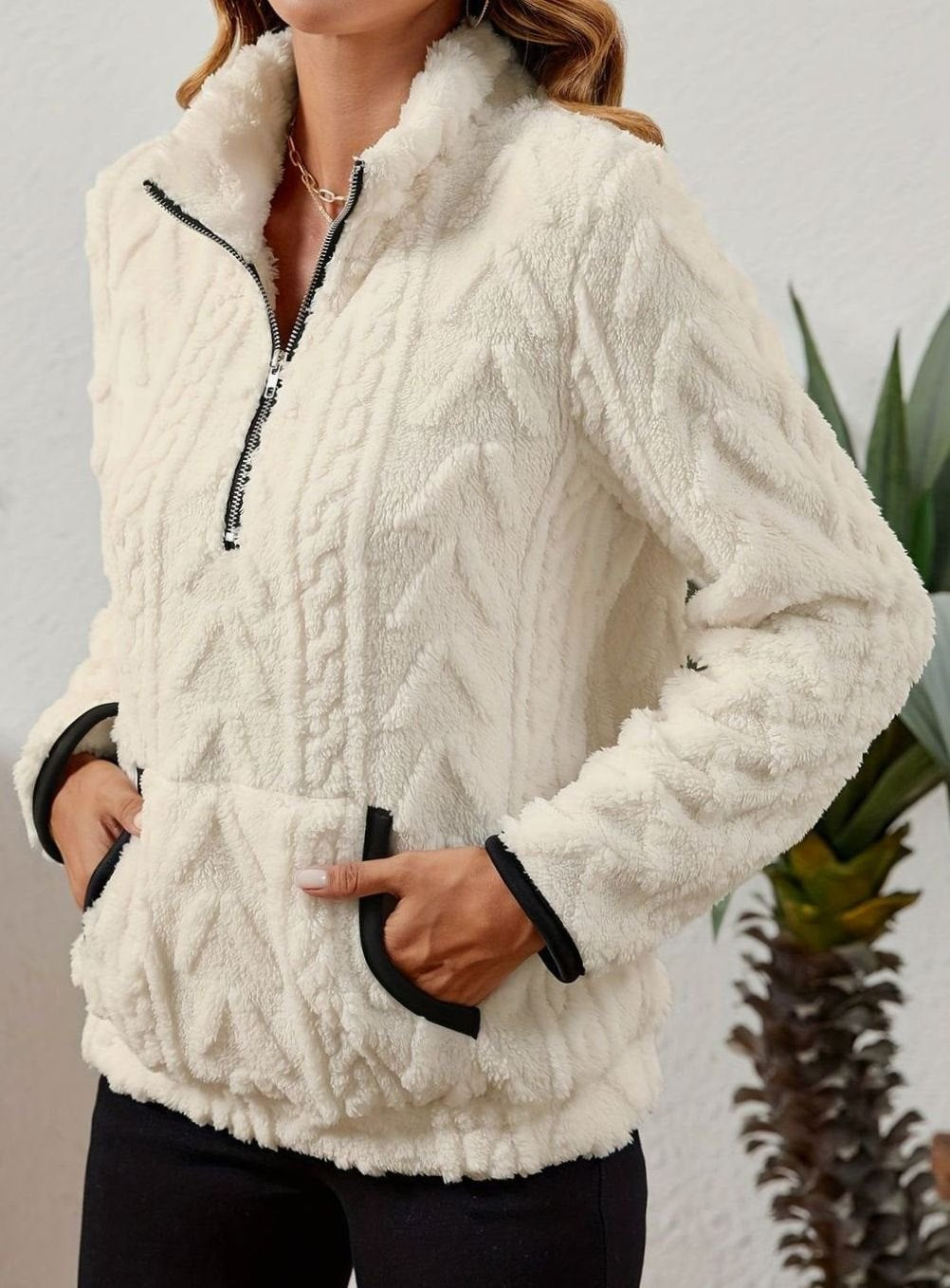 Women's Fleece Half-Zip Pullover Sweater Kangaroo Pocket