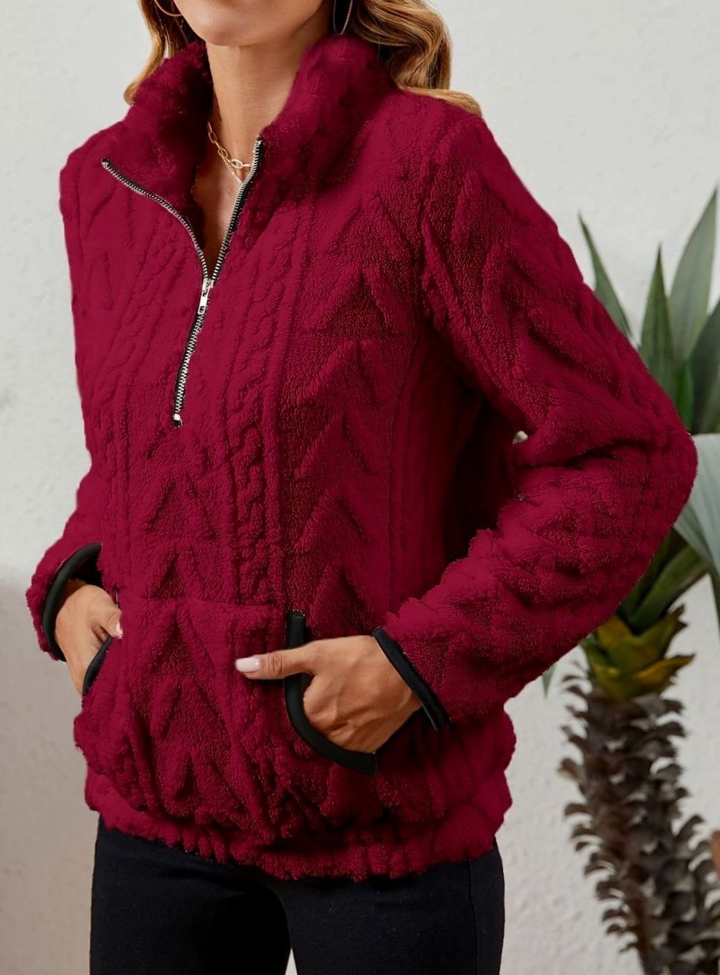 Women's Fleece Half-Zip Pullover Sweater Kangaroo Pocket