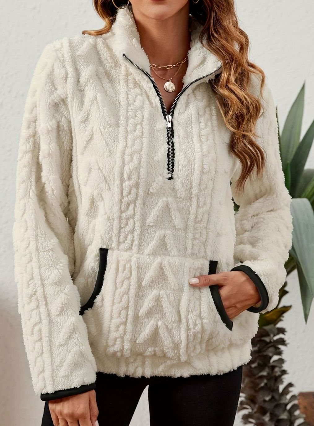 Women's Fleece Half-Zip Pullover Sweater Kangaroo Pocket