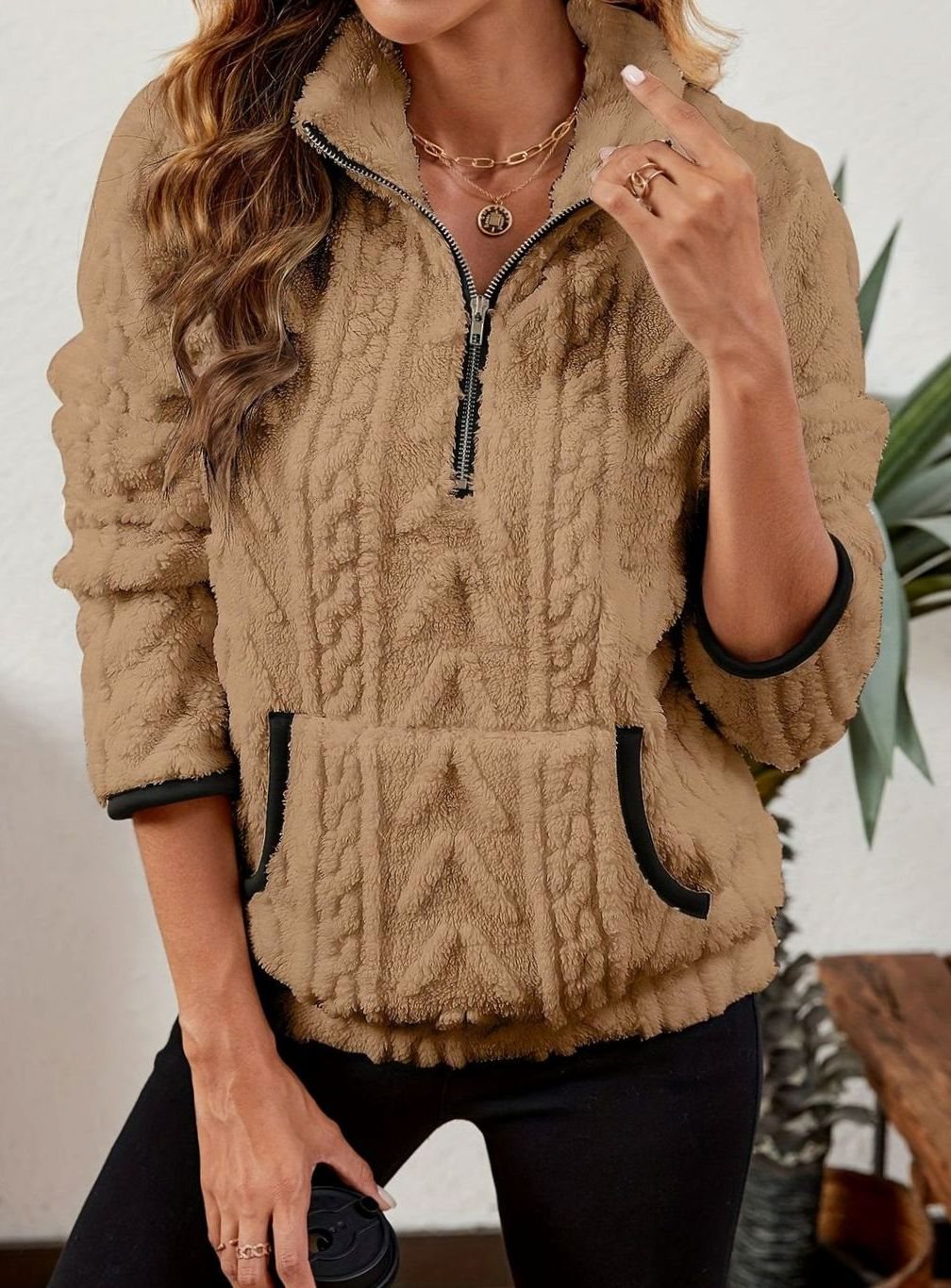 Women's Fleece Half-Zip Pullover Sweater Kangaroo Pocket